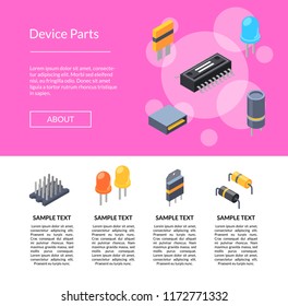 Vector isometric microchips and electronic parts icons landing page template illustration