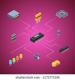 Vector isometric microchips and electronic parts icons infographic connection concept illustration