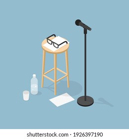 Vector isometric microphone performance illustration. Dynamic microphone on stand, chair with glasses, papers, bottle of water and cup. Stage performance concept.