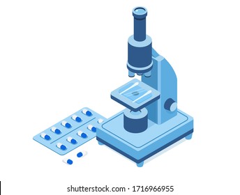 Vector isometric microscope for virus research and drug inventions. Nearby lies a pack of tablets in a blue blister. Stylish illustration with isolated objects on a white background.