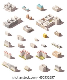 Conjunto de iconos de polos bajos isométricos o mapas de elementos infográficos edificios, casas y oficinas de ciudades