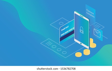 Vector isometric mobile banking gradient illustration. 