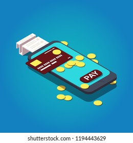 Vector isometric mobile online payment concept. Smartphone, credit cards, coins and cash voucher.