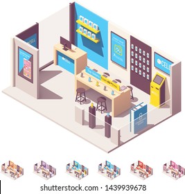 Vector Isometric Mobile Phone Network Operator Store. Wireless Provider Or Carrier Sales Point. Smartphones, Tablets, , Laptops, Tablets, Other Gadgets And Accessories On The Shelves, Payment Kiosk