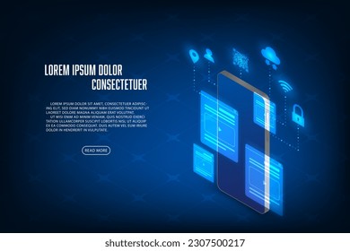 Vector isometric mobile phone social media communication concept. Internet network connection.