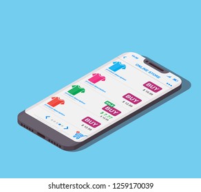 Vector isometric mobile shopping concept. Mobile phone with opened online store on screen. Isolated background.