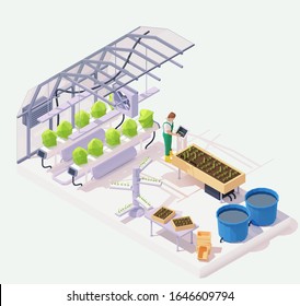 Vector isometric modern agricultural greenhouse cross-section illustration. Hydroponics and aeroponics process of growing plants, smart garden beds, pond, farmer operating smart greenhouse system svg