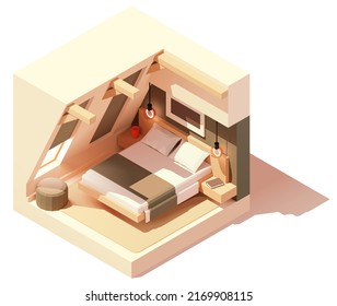 Vector isometric modern attic bedroom interior. Room with sloped ceiling. Double bed, leather chair and night lamps. Low poly cross-section illustration. Cutaway drawing