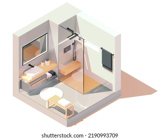 Vector isometric modern bathroom. Gray and white bathroom with wooden furniture, shower cabin and washbasin, bench. Minimalist modern interior