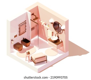 Vector isometric modern bathroom. Pink and white bathroom with bronze or copper elements, shower cabin and washbasin, armchair. Modern interior