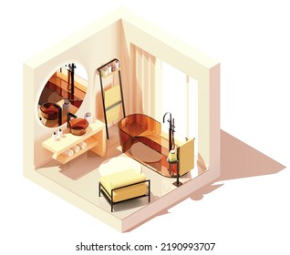 Vector isometric modern bathroom. White bathroom with wooden furniture, transparent glass bathtub and washbasin, large window, armchair. Modern interior