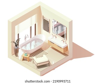 Vector isometric modern bathroom. White bathroom with wooden furniture, white bathtub and double washbasin, large window. Minimalist modern interior