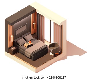 Vector isometric modern bedroom interior. Double bed, dark walls, leather chair and night lamps. Low poly cross-section illustration. Cutaway drawing