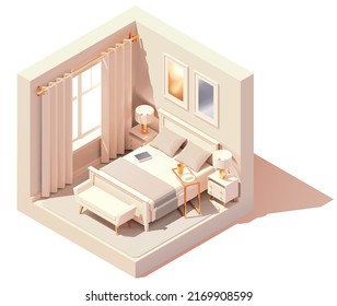 Vector isometric modern bedroom interior. Double bed, white walls, bedroom bench and night lamps. Low poly cross-section illustration. Cutaway drawing