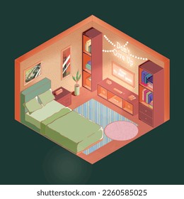 Vector isometric modern bedroom interior. Single bed, patterned wallpaper walls, bedroom desk and cabinets, and night light. Low poly cross section illustration. Cut image