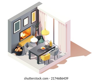 Vector isometric modern dining room with fireplace interior. Dining table with chairs, ceiling lights, fireplace. Low poly cross-section illustration