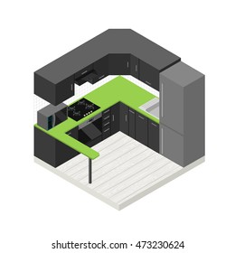 vector isometric modern green&black kitchen