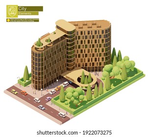 Vector isometric modern hotel building. Hotel building exterior with cars and people