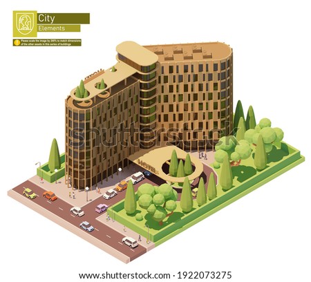 Vector isometric modern hotel building. Hotel building exterior with cars and people