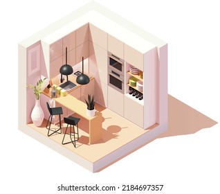 Vector isometric modern kitchen room. Small kitchen. Bar counter with chairs, modern furniture, stove, oven. Low poly cross-section illustration.