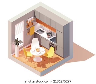 Vector isometric modern kitchen room. Dining table with chairs, modern furniture, stove, oven, refrigerator. Low poly cross-section illustration.