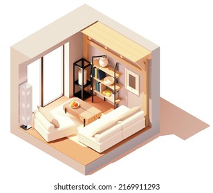 Vector isometric modern living room interior. Room with wood beams. Couch with pillows, coffee table, and bookcase. Low poly cross-section illustration. Cutaway drawing