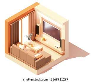 Vector isometric modern living room interior. Couch with pillows, tv, tv cabinet with big speakers. Low poly cross-section illustration. Cutaway drawing