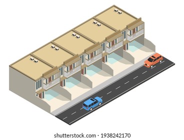 Vector isometric modern minimalist house with road and car