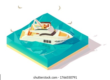 Vector isometric modern motor yacht in blue water. Modern luxury motor yacht sailing on blue waves of sea