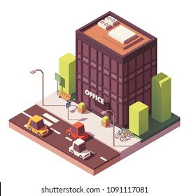 Vector isometric modern office building with bicycle parking rack