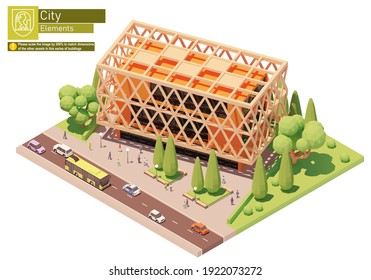 Vector isometric modern office building. Office building, trees, cars, bus and people. Isometric city or town map construction elements