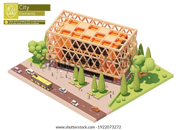 Vector isometric modern office building. Office\
building, trees, cars, bus and people. Isometric city or town map\
construction elements