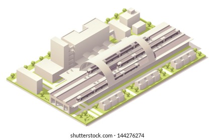 Vector isometric modern passenger train station. Includes covered train station terminal and passenger locomotives with cars