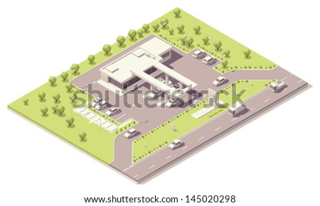 Vector isometric modern petrol filling station building near the highway