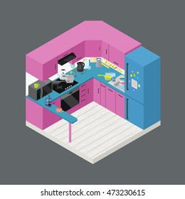 vector isometric modern pink&blue kitchen  with kitchenware