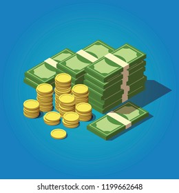 Vector isometric money concept. Big money icon. Hundreds of dollars illustration.