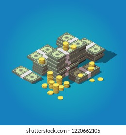Concepto de dinero isométrico vectorial. Un icono del dinero grande. Cientos de dólares y monedas ilustran.