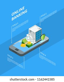 Vector isometric money flow in bank icons infographic concept illustration. Mobile online bank, isometric banking on smartphone