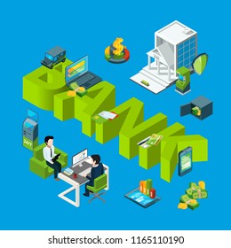Vector isometric money flow in bank icons infographic concept illustration. Finance money bank, banking 3d business