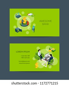 Vector isometric money flow in bank business card template for bank or finance investement and consult company illustration
