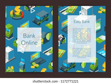 Vector isometric money flow in bank icons card or flyer template illustration