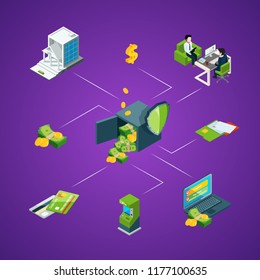 Vector isometric money flow in bank icons infographic order concept chart illustration