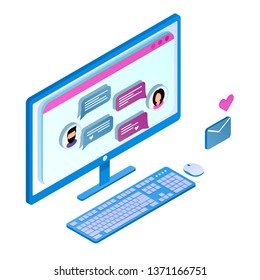 Vector isometric monitor, keyboard and computer mouse. The man talking to a woman in an online chat. Dating site.