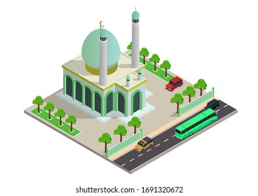 Vector isometric mosque building with highway and cars