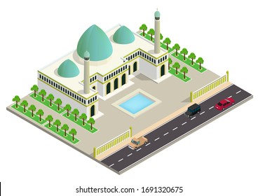 Vector isometric mosque building with highway and cars