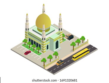 Vector isometric mosque building with highway and cars