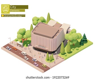 Vector Isometric Movie Theater Building. Modern Cinema Building Exterior With Spectators Gathering Near Entrance