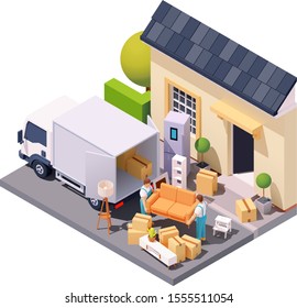 Vector isometric moving service workers or movers carrying sofa in front of house. Porters moving furniture and cardboard boxes at new home. Relocation or delivery service illustration