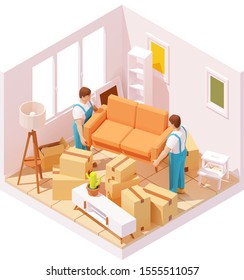 Vector isometric moving service workers or movers carrying sofa in room. Porters or loaders moving furniture and cardboard boxes at new home. Relocation or delivery service illustration