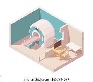 Vector isometric MRI room icon. Illustration includes MRI scanner and doctors observation room with table PC. Isolated on white.
